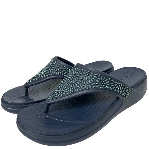 NWOT Crocs Monterey Diamante Blue Embellished Wedge Thong Sandals Size 11 - Picture 2 of 14